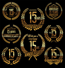 Anniversary golden laurel wreath retro vintage design 15 years