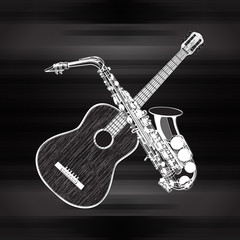 Vector illustration of an acoustic guitar and saxophone in a monochrome version