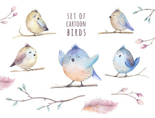 Hand drawing watercolor flying cartoon bird witm leaves, branche