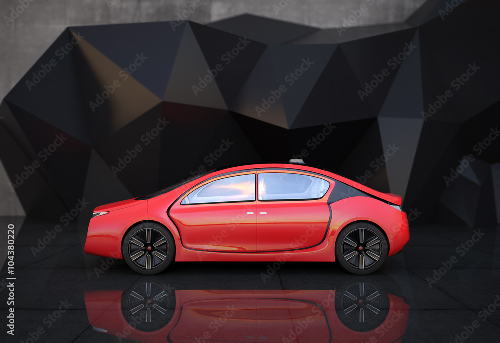 Poster side view of red autonomous car in front of geometric object background.