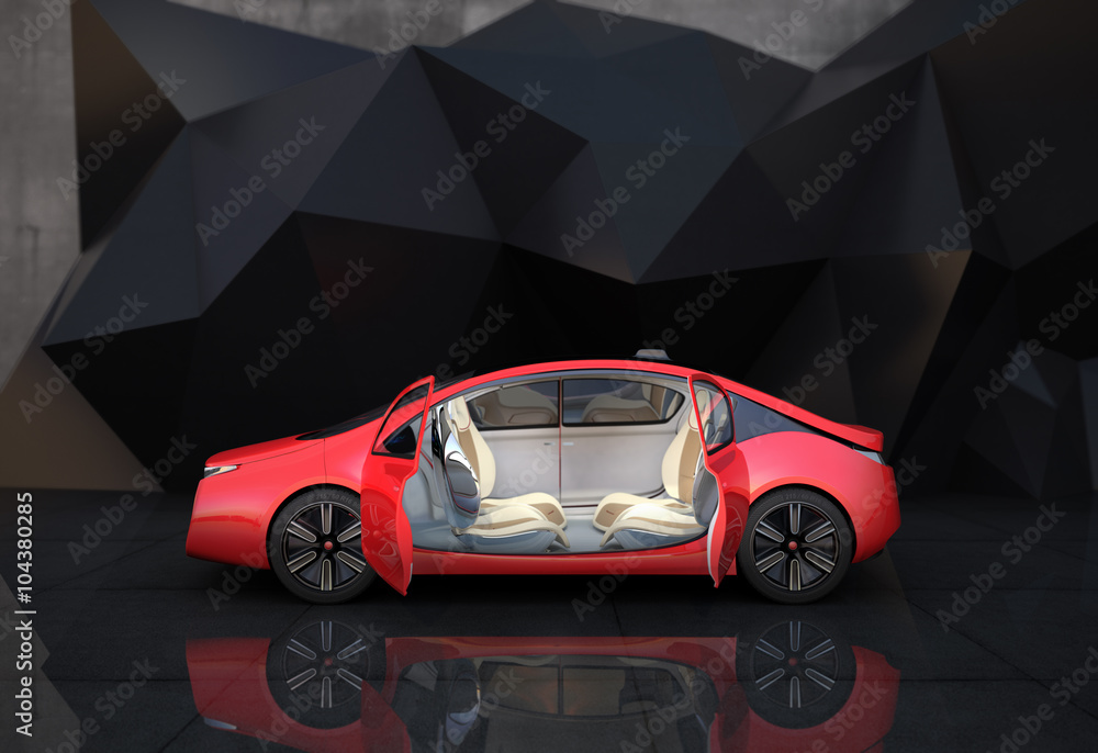Poster side view of red autonomous car in front of geometric object background.