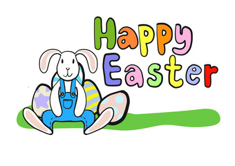 Happy Easter bunny sitting with Easter eggs