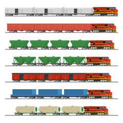 Essential Trains. Collection of freight railway cars. Isolated on white background. Vector illustration