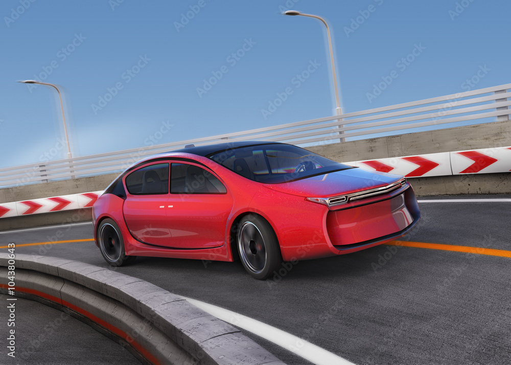 Poster red electric car on highway with motion blur background. 3d rendering image.