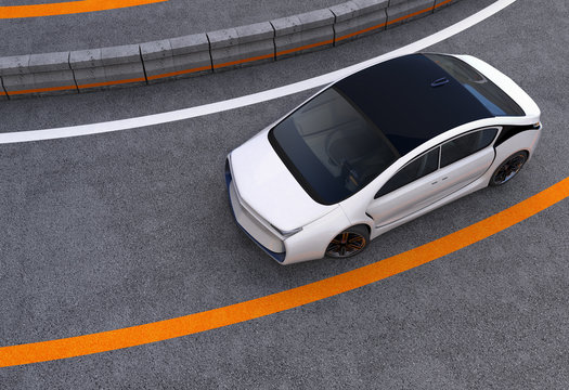 White electric car on highway. 3D rendering image.