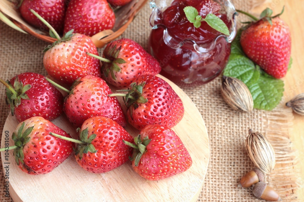 Wall mural fresh strawberries red at delicious and jam.