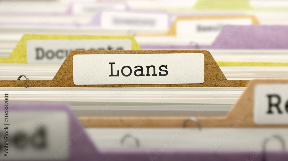 Aufkleber loans concept on file label in multicolor card index. closeup view. selective focus. 3d render.