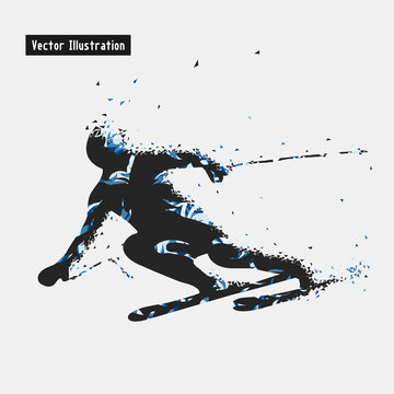 Skiing. Vector eps10 illusration. Particle divergent composition