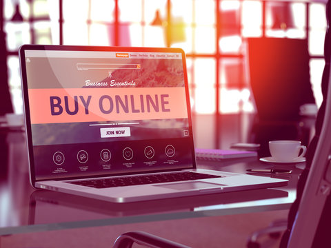 Buy Online Concept. Closeup Landing Page on Laptop Screen  on background of Comfortable Working Place in Modern Office. Blurred, Toned Image. 3D Render.