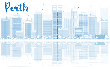 Outline Perth skyline with blue buildings and reflections.