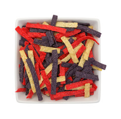 Top view of colorful tortilla strips in a bowl