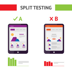 Flat AB Split Testing. Isolated vector illustration. Results comparing two web site pages, graphics. Wireframe of mobile site on your tablet.