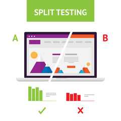 Flat AB Split Testing. Isolated vector illustration. Results comparing two web site pages, graphics. Wireframes of mobile site on your laptop.
