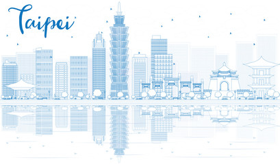 Obraz premium Zarysuj panoramę Tajpej z niebieskimi budynkami i odbiciami.