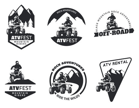 Set of ATV emblems, badges and icons. All-terrain vehicle vector.