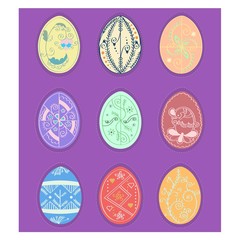 Set of Easter egg stickers. Set of color easter eggs decorated of ornament. Vector illustration