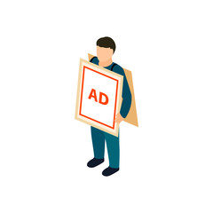 Sandwich board man icon, isometric 3d style