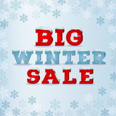 Fototapeta na wymiar Big winter sale inscription design template in 3d style on blue background with snowflakes.