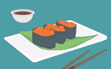 Ikura gunkan, salmon roe sushi