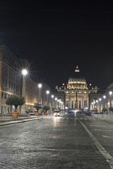 Basilica of Saint Peter at night in winter. Vatican