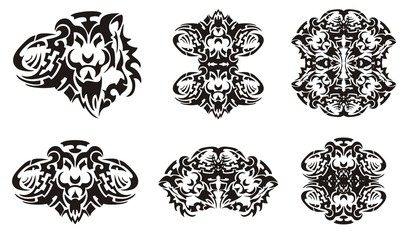 Tribal imaginary animal head set. Imaginary animal head formed by the head of a lion and rabbit and decorative symbols from it