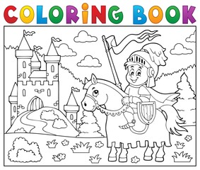 Coloring book knight on horse by castle