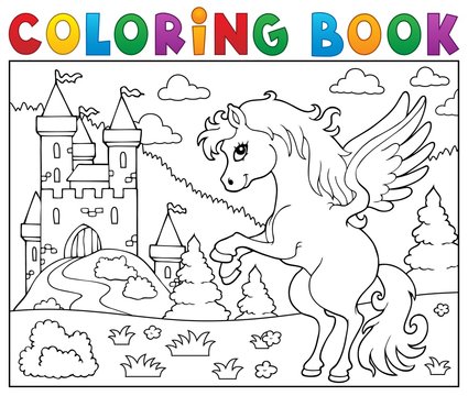 Coloring book pegasus near castle