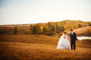 young bride and groom on the background of field