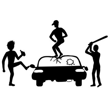 Three rowdy young men destroy a car