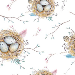 Watercolor natural floral vintage seamless pattern with nests,wr