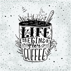 Phrase Life begins after coffee mug card. Vector handdrawn sketc