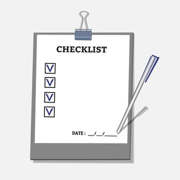 Flat identity mock-up of Checklist with points, clamp, pencil. Business Typography Poster Concept. Template for business themed  design, banner, poster, icon, flyer, web. Vector illustration.