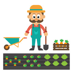 man with vegetables and wheelbarrow and garden