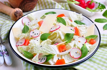Vegetable salad of Chinese cabbage, radish, tomato and spinach with flaxseed, sesame seeds and olive oil.