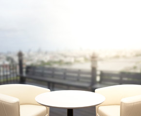 Table Top And Blur Building Of Background