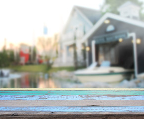 Table Top And Blur Building Of Background