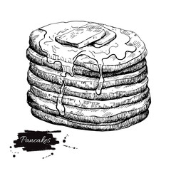 Vector vintage pancake drawing. Hand drawn monochrome food illus - 104394684