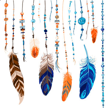 Set of ornaments, feathers and beads. Native american indian dream catcher, traditional symbol. Feathers and beads on white background. Vector decorative elements hippie.

