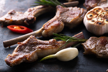 Grilled fresh lamb ribs with rosemary and garlic