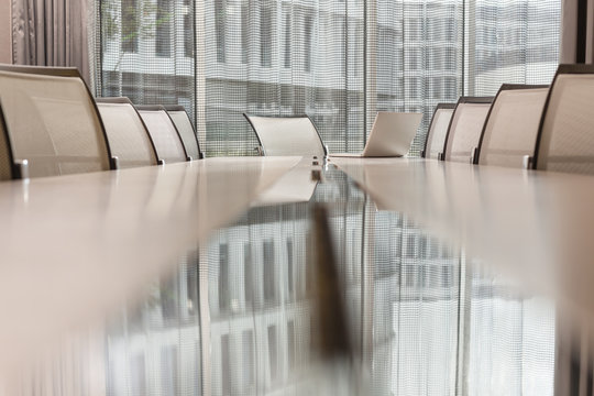 Poland, Warzawa, conference table with reflection of facade at hotel