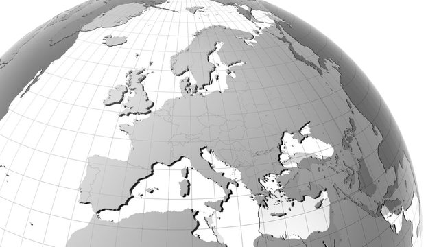 Clean Earth globe with transparent oceans and very detailed texture map. Zoom to Europe. Actual political borders. HD 1080p, seamless loop.