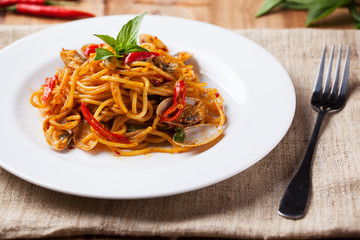 spaghetti baby clams with spicy chili sauce,thai food