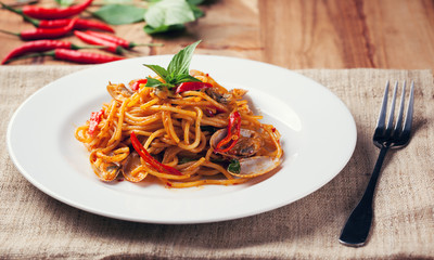 spaghetti baby clams with spicy chili sauce,thai food