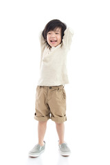 Happy little asian boy on white background