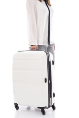 woman holdig white suitcase
