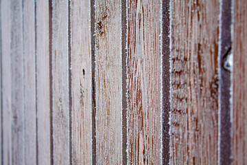 Wooden fence covered crystals of ice. Background/texture