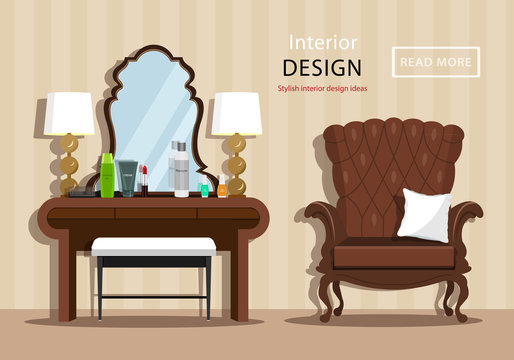 Vintage dressing table with mirror and cosmetics for a woman, little chair and armchair in house interior. Flat style vector illustration