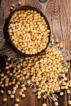 Soybeans on a wooden background. rustic style