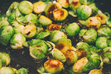 Roasted Brussels sprouts in a pan, close up