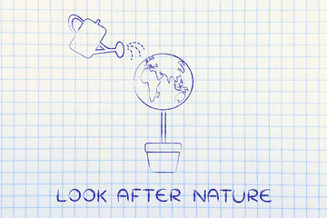 tree with world globe and watering can, look after nature